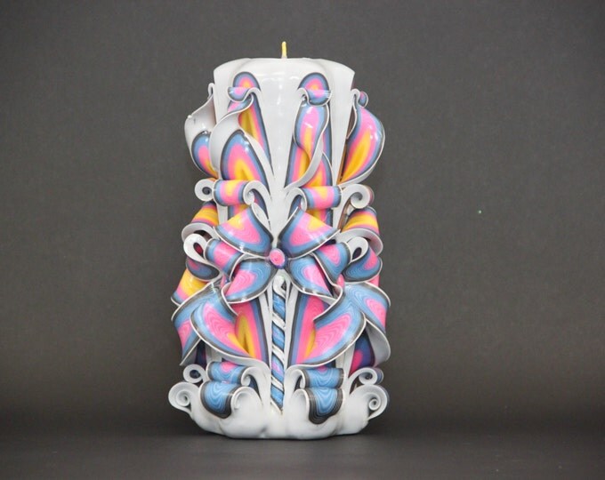 Carved candle, Carved candles, Mothers day, White Rainbow candle, Rainbow candle, Gift for her, Birthday gift, Wife gift, Candle for her