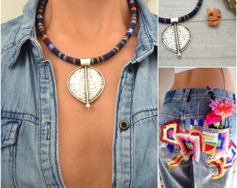 Peruvian Moroccan Statement Necklace, Chunky Bib necklace, Large silver pendant, Boho African Gypsy Tribal Ethnic Necklace, Ibiza necklace