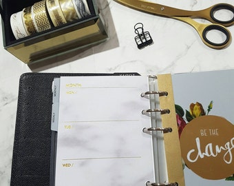 Personal (MM) Medium size GOLD FOIL and Marble Week on two pages WO2P planner inserts |Refills for Kikki k,Filofax, Louis Vuitton agenda