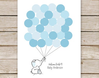Blue Elephant Balloon Signature Guest Book PRINTABLE for Baby Shower Birthday - Elephant Nursery Art, Thumbprint Guestbook - digital file