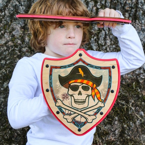 Wooden Pirate Shield Made from Real Wood Red/Blue