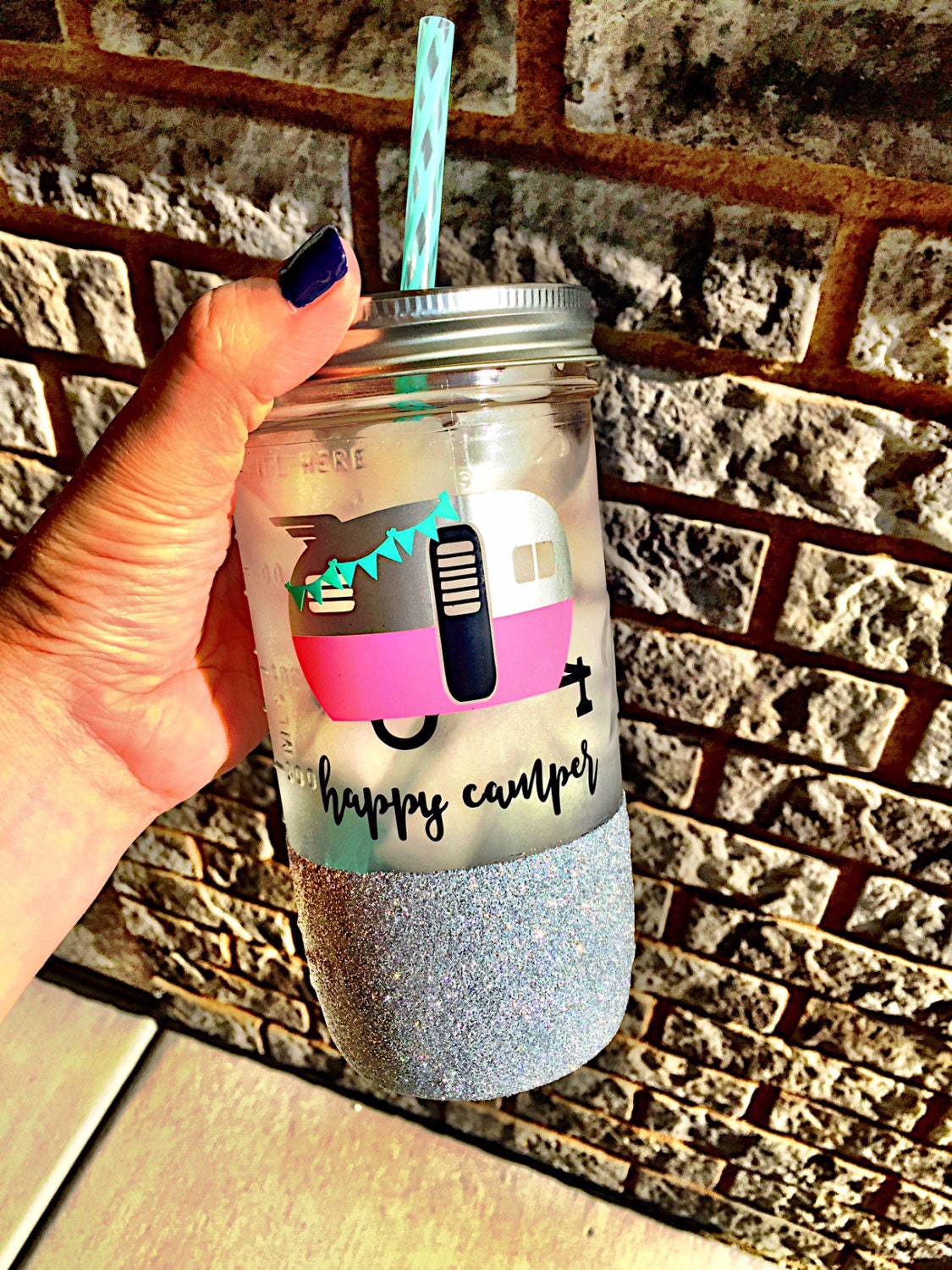 acrylic tumbler diy Glamping Happy TumblerGlitter Camper Jar Tumbler Mason