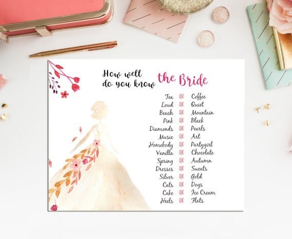 How Well Do You Know the Bride - Bridal Shower Game - Instant Download -Printable Watercolor Flower Bridal Shower Game