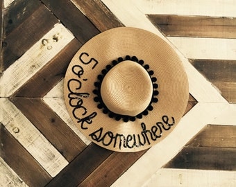 Custom Women's Black Sequin Straw Floppy Beach Sun Hat with Black Pom Poms