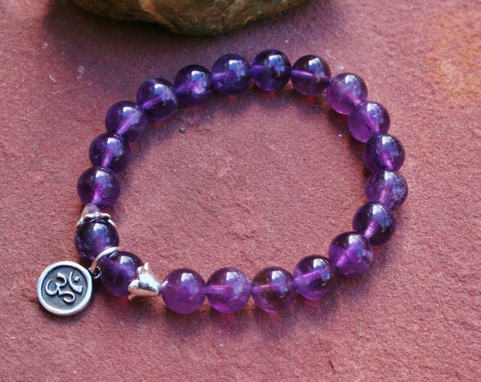 Purple Amethist Ohm Bracelet - With Cute Sterling Silver Ohm Charm And Sterling Silver Spacers