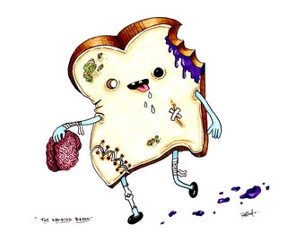 The Walking Bread, Walking Bread Food Art Print, Food Illustration, Food Art, 5x7 Food Drawing