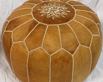 SALE ** STUFFED Moroccan Leather pouf ottoman with top embroidery in Tan