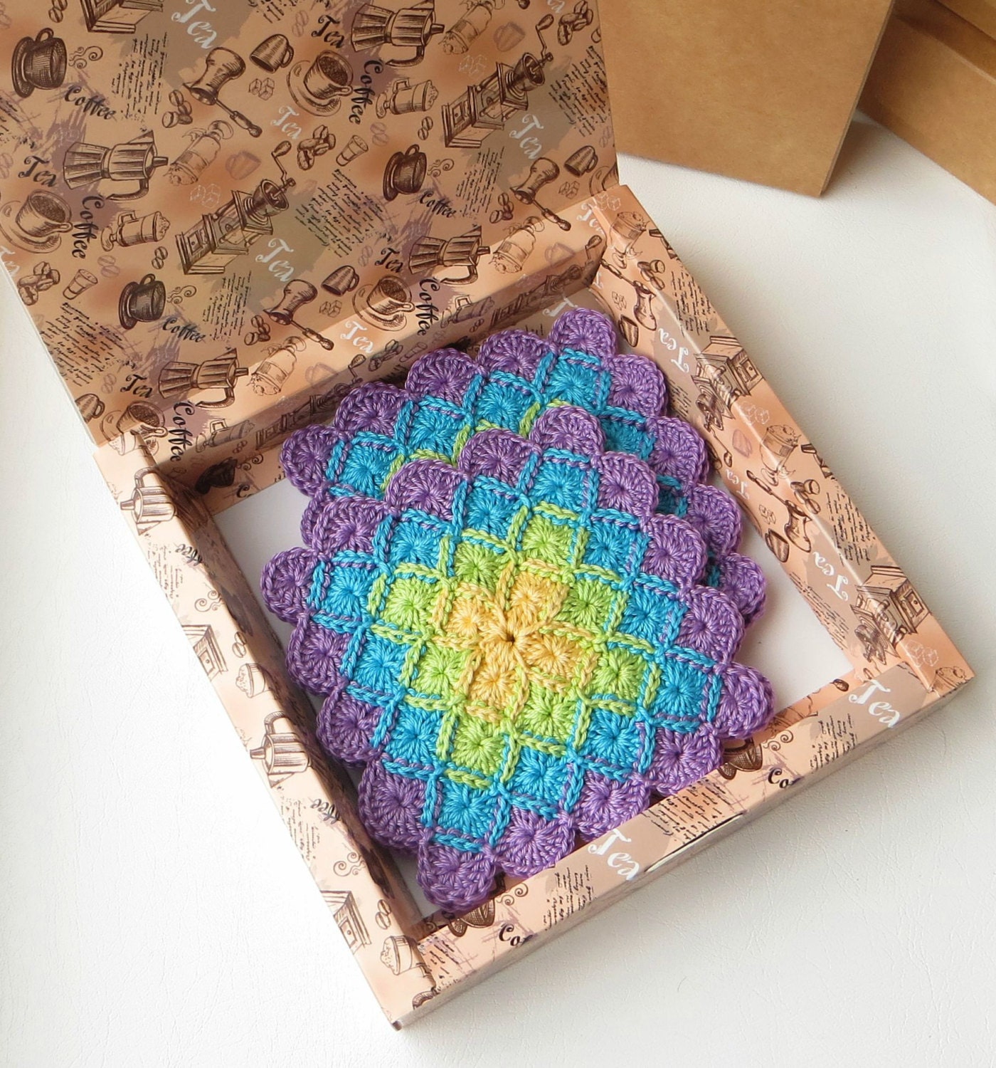 Square coasters 4 Knit coasters Crochet coaster by ColorfulTangle
