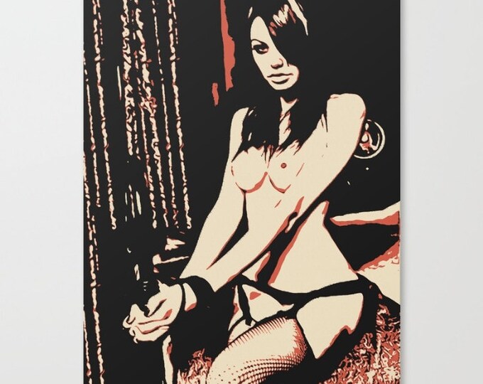Erotic Art Canvas Print - Be patient my dear..., unique sexy conte style print, Girl in erotic BDSM lingerie, sensual high quality artwork