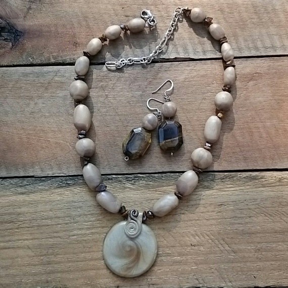 Wood Look Polymer Clay Necklace and Earring Set with Tiger Eye