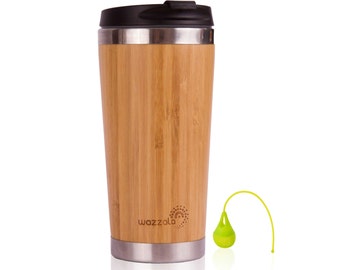 15 Oz Elegant Bamboo Coffee or Tea Travel Mug (Thermos) | Reusable, Lightweight, Eco Friendly| Leak-Proof Lid