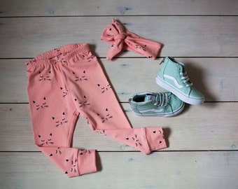 LIMITED EDITION Girls Coral/Pink Cat Leggings, Baby Girl, Baby Leggings, Childrens Leggings, Handmade in Cornwall, Baby Gift, Baby Shower