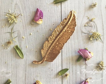 Hair clip, gold barrette, gilded feather hair jewelry, wedding, boho chic style