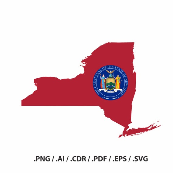 New York State map with flag, outline, New York flag, symbols, state