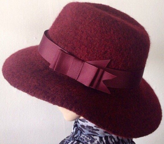 Felted Wool Hat Winter Fedora Maroon Hat Wide Brim by KrystalaJoy