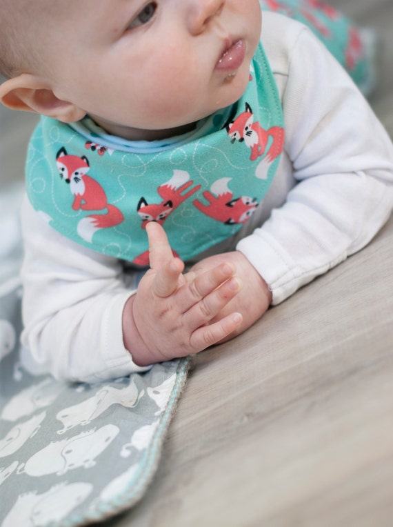Items similar to Baby drool bib bandana scarf mint dots and foxes
