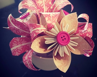 Pink florigami flower and lily pot with pink button centers
