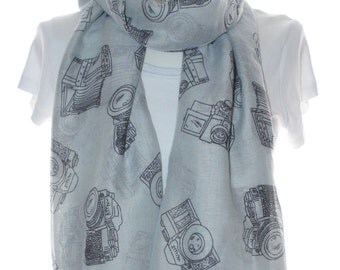 Grey camera Scarf shawl, Beach Wrap, Cowl Scarf,Grey camera print scarf, cotton scarf, gifts for her