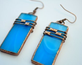 Sea Glass Earrings, Copper Wire jewelry, Blue Glass Earrings, Long Bijouterie, Gift for her, Copper Earrings , Stained Glass Jewels