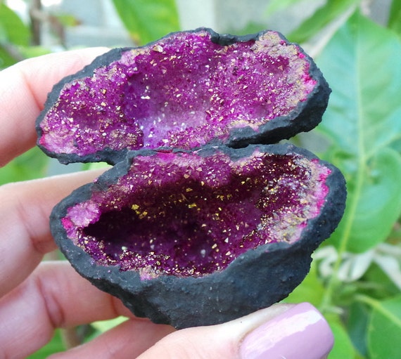 Split Half Magenta Gold Metallic Geode Druzy Drusy Specimen