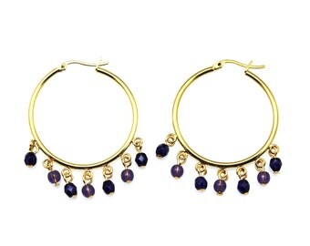 Purple Gold Hoop Earrings, Purple Hoop Earrings, Purple Hoops, Purple Bead Hoop Earrings, Purple Glass Hoop Earrings, Large Purple Hoops