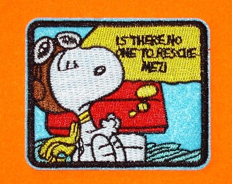 Peanuts Snoopy Red Baron Rescue Me Retro 80s Vintage Style Blue Embroidered Iron Sew On Patch