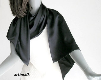 Black Silk Charmeuse Shawl Wrap, Petite Silk Coverup, Small Silk Stole, Black Silk Charmeuse, 21.5"x 60", Ready to Ship, Artinsilk