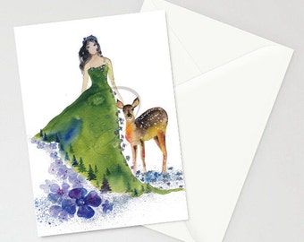 Greeting Card - Tenderness - Nature Lady, Deer, Partner, Mountain, Watercolor Art Painting
