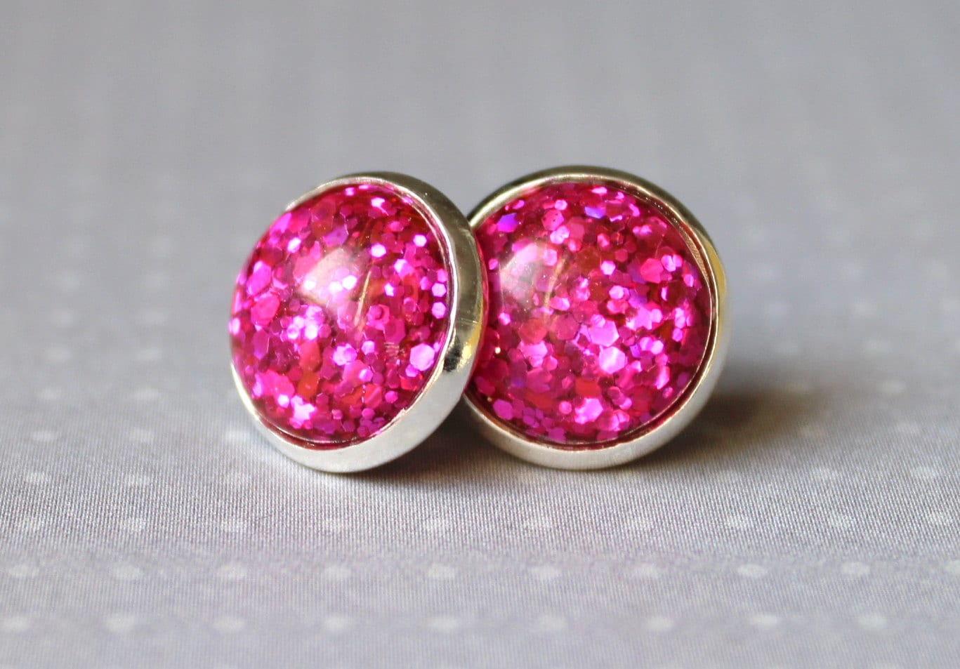 Hot pink glitter stud earrings round glass stud by DiglotEtc