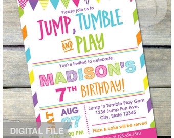Gymnastics Birthday Invitation Jump Tumble Play Girls Pink Party - DIGITAL Printable Invite - 5” x 7”