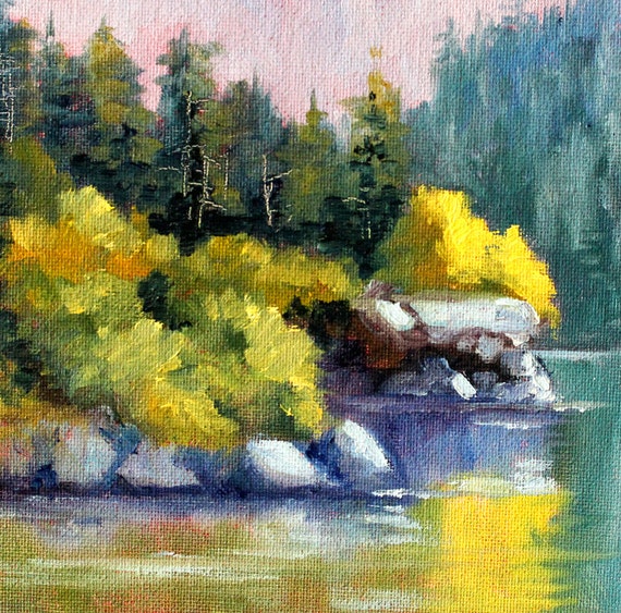 Original Landscape Oil Painting River Forest Scene Evergreen