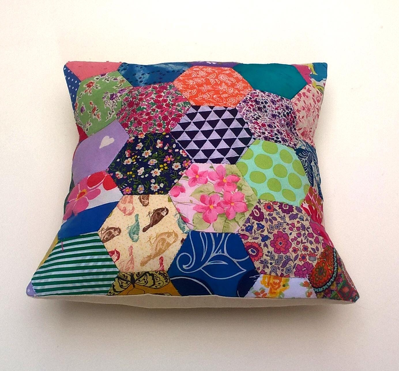Hand Sewn Vintage Hexagon Patchwork Cushion / Pillow