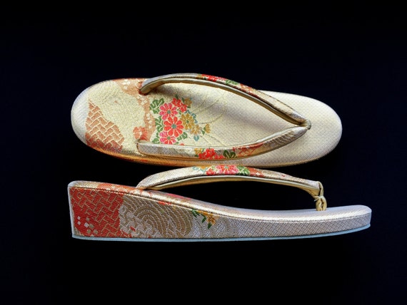 Vintage Japanese Formal Zori Sandals - Kimono Shoes - Gold Cream Orange ...