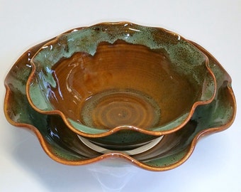 Green and Amber Wheel Thrown Pottery Bowl - Scalloped Bowl