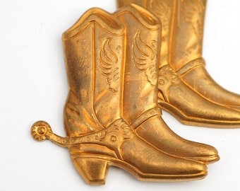 2 pcs brass cowboy boot stampings, vintage heavy struck 38mm