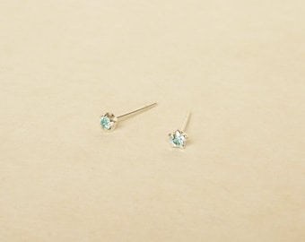 3 mm Teeny Tiny Aquamarine Crystal 925 Sterling Silver 5 Prongs Star Stud Earrings,Bridesmaid Gift,Hypoallergenic Earrings,Cartilage Earring