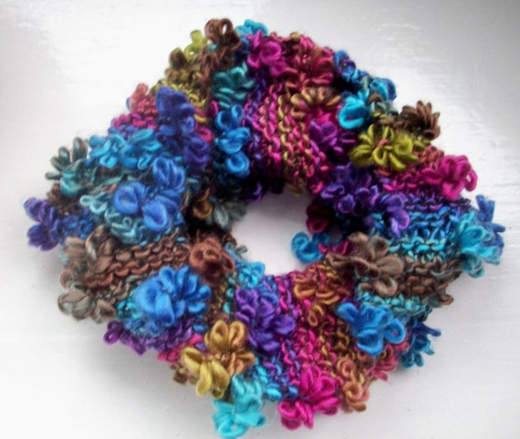 Knitted neck warmer, cosy cowl, warm collar, bright colours, textured floral effect