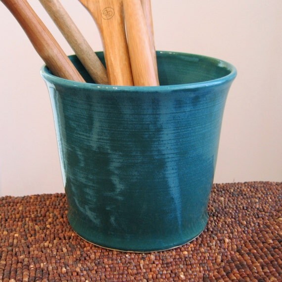 Ceramic Utensil Crock in Peacock Blue / Green by KarinLorenc
