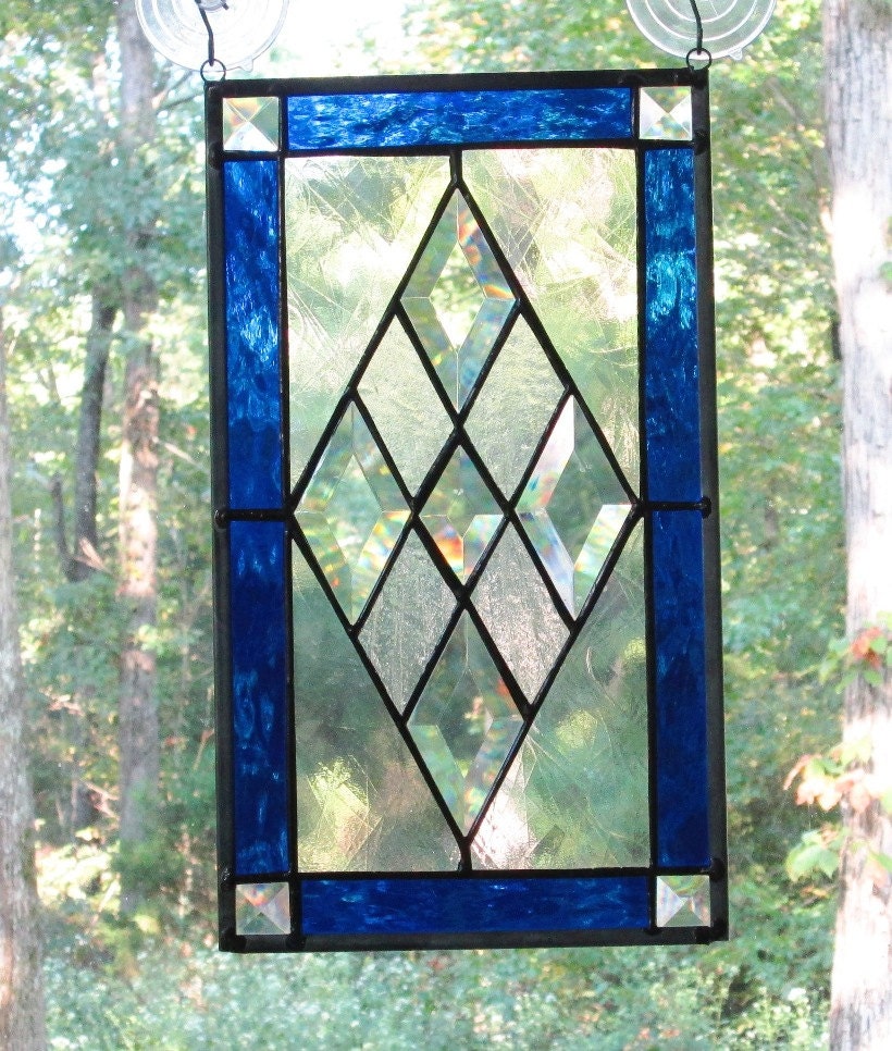 Stained Glass Panel Rectangle with Blue Border Center