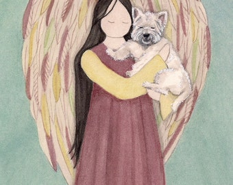 Angel in rust dress cradles West Highland Terrier (westie) / Lynch signed folk art print