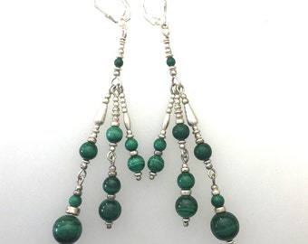Malachite and Sterling Silver Multistrand Earrings by Kate Drew-Wilkinson