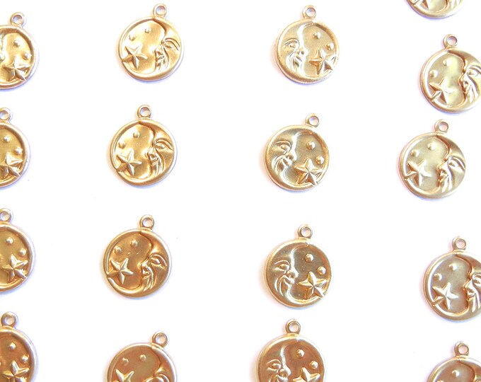 24 Pairs of Small Brass Celestial Charms Facing Moon and Stars