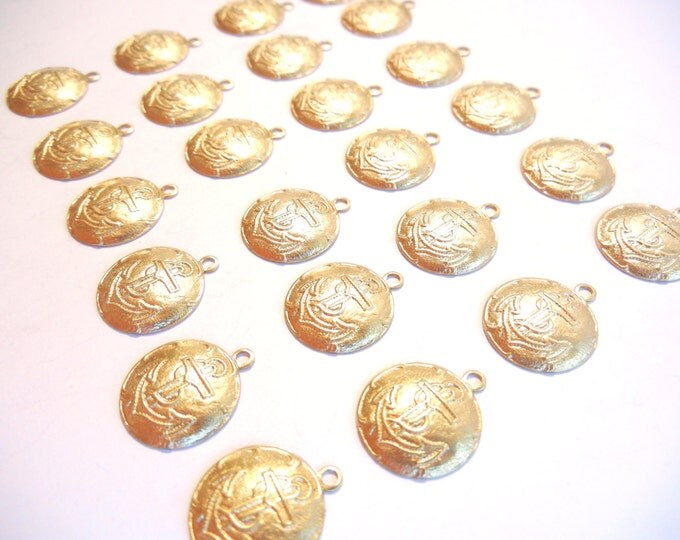 24 or 12 Pairs of Round Brass Charms with Anchors and Rope Embossing