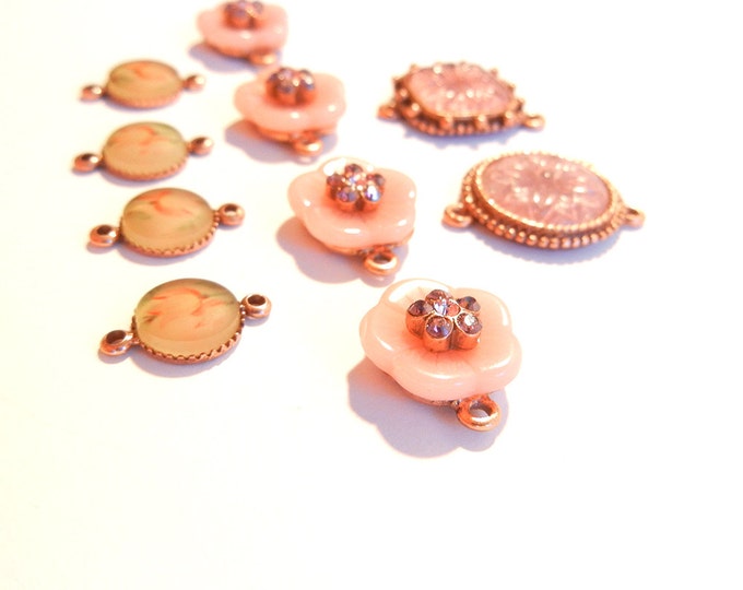 Set of 10 Resin Pink Flower Themed Multi Link Charms Copper-tone