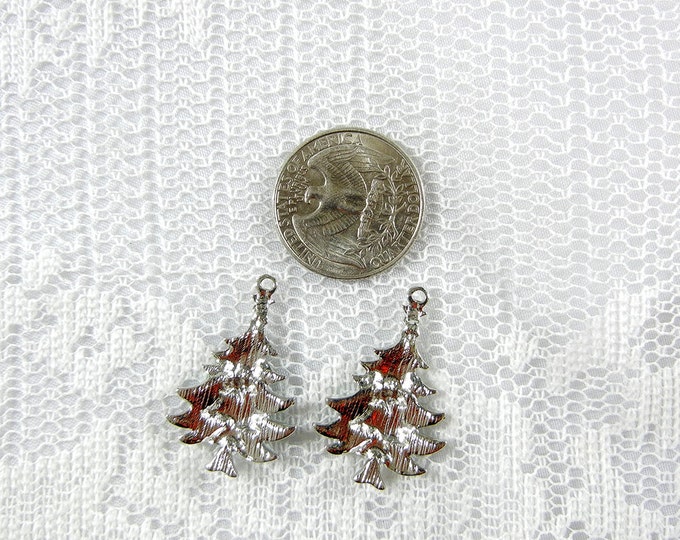 Pair of Christmas Tree Charms Green and White Epoxy Red Rhinestone