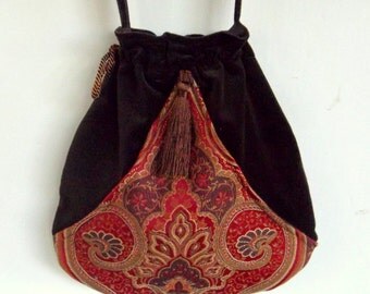 Brown Vevet Boho Tassel Bag Red Pocket Boho Bag Tapestry Drawstring Bag Bohemian Bag Crossbody Purse