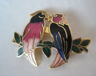 Two Birds Rose Pink Blue Brooch Gold Enamel Vintage Pin Cloisonné
