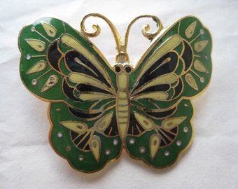 Butterfly Green Yellow Black Brooch Gold Enamel Vintage Pin Cloisonné Pendant