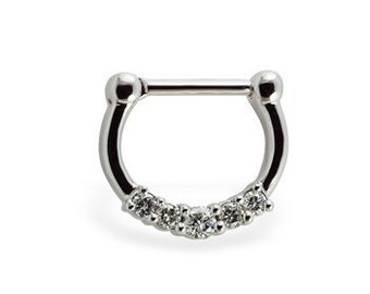 Solid 14k White Gold and 5 Diamond Nose Septum Clicker Piercing by TummyToys (80040)