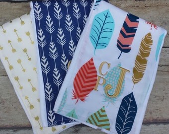 Personalized Burp Cloth Baby Boy, Monogram Burp Cloth, Boy Burp Cloth, Blue, Gold, Feathers, Arrows